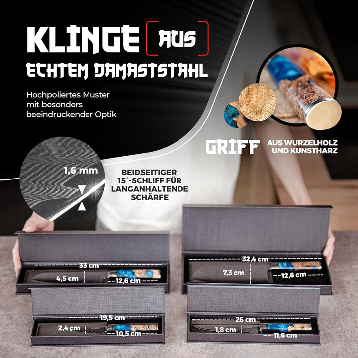 Tsume Exotic Set Saphir, Messerset mit 4 Premium Küchenmessern, Echte Damast Küchenmesser, 67 Schich