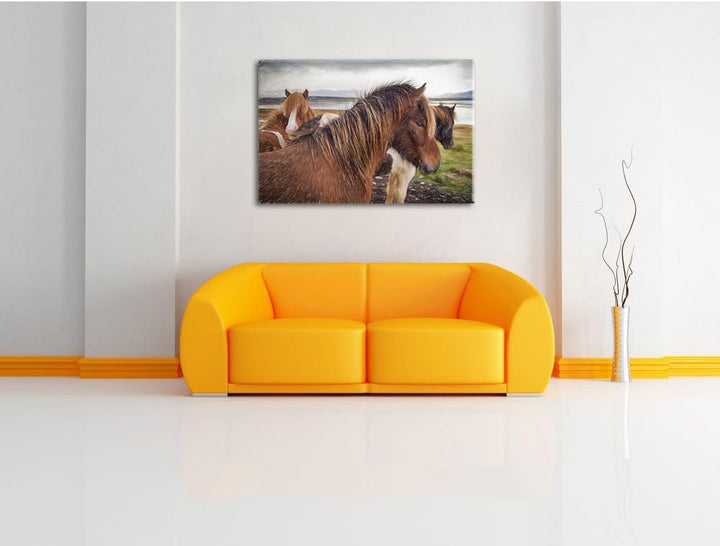 Pixxprint Herde aus schönen Wildpferden als Leinwandbild/Grösse: 100x70 cm/Wandbild/Kunstdruck/ferti