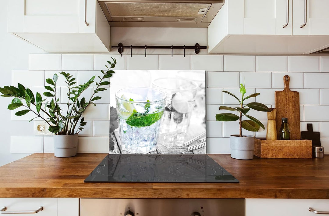 Mojito-Gläser mit Minze Herdabdeckplatte & Spritzschutz aus Echtglas | Für Herd-Kochfelder | 60x52 c