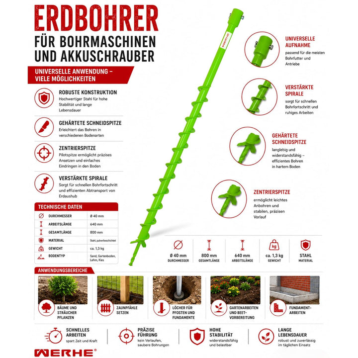 WERHE Profi Bohrer für Erdbohrer 40 mm Pfahlbohrer Brunnenbohrer präzise Bohrspitze, 40