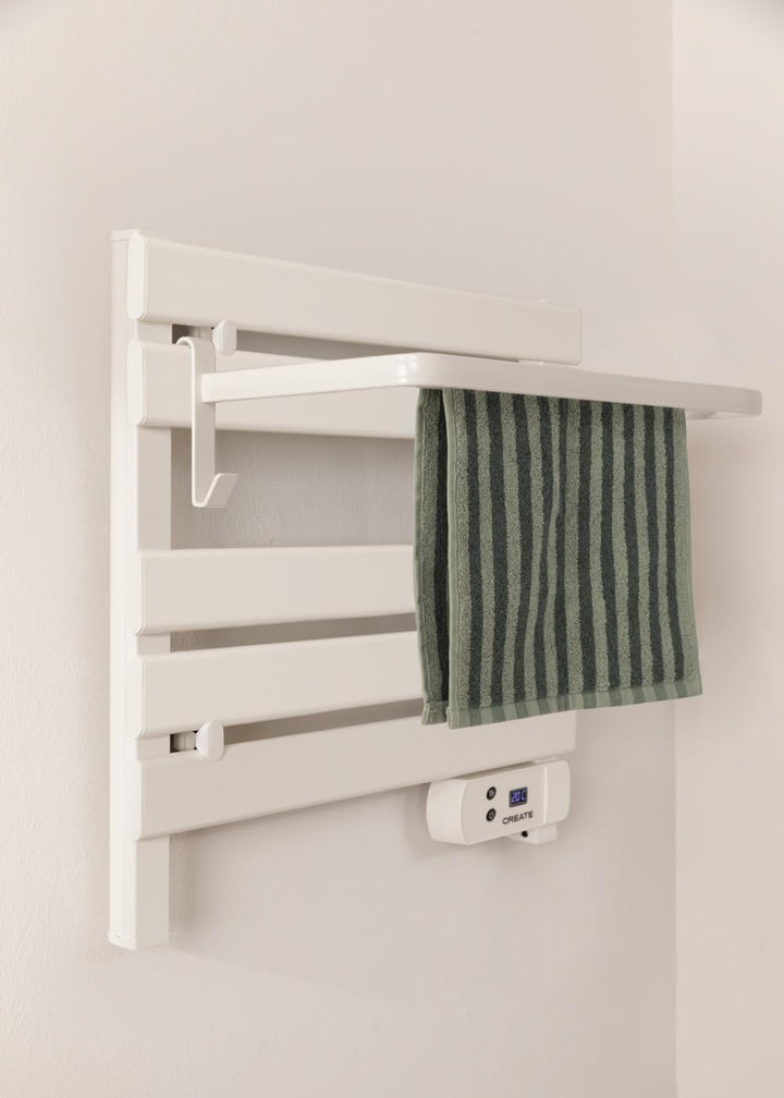 CREATE / WARM Towel Mini/Elektrischer Badheizkörper Cremeweiss mit Regal / 52,3x8x55,8cm / Leise, ge