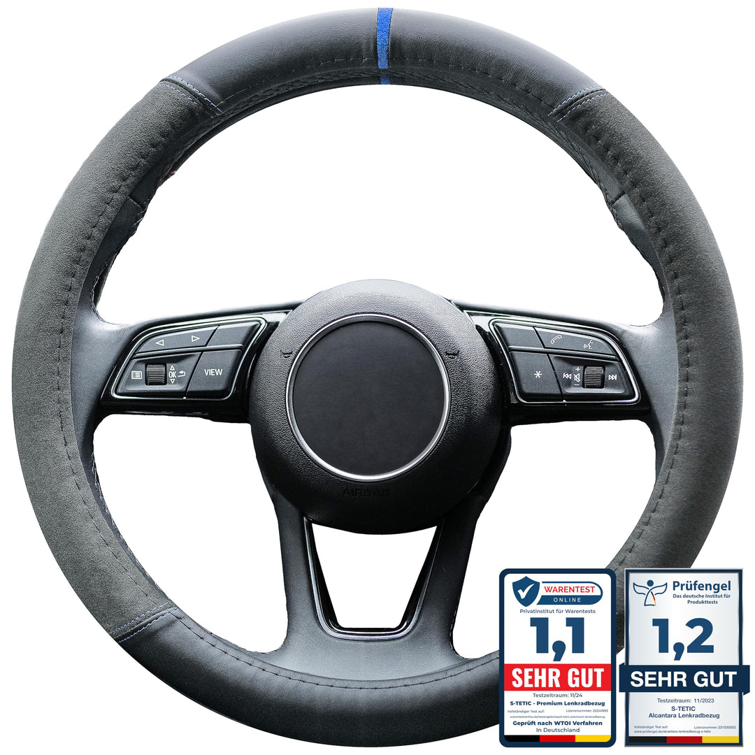 S-TETIC® Premium Lenkradbezug Nappaleder + Alcantara® | Blaue 12-Uhr Markierung | Universal Grösse 3
