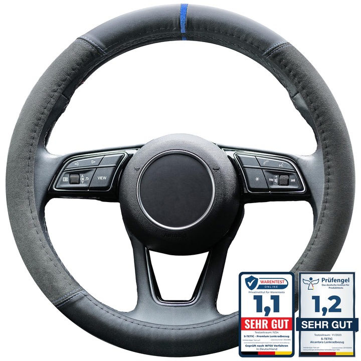 S-TETIC® Premium Lenkradbezug Nappaleder + Alcantara® | Blaue 12-Uhr Markierung | Universal Grösse 3
