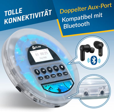 KLIM Nomad Transparent - NEU 2024 - Tragbarer CD-Player Discman - langlebigem Akku - Inklusive KLIM