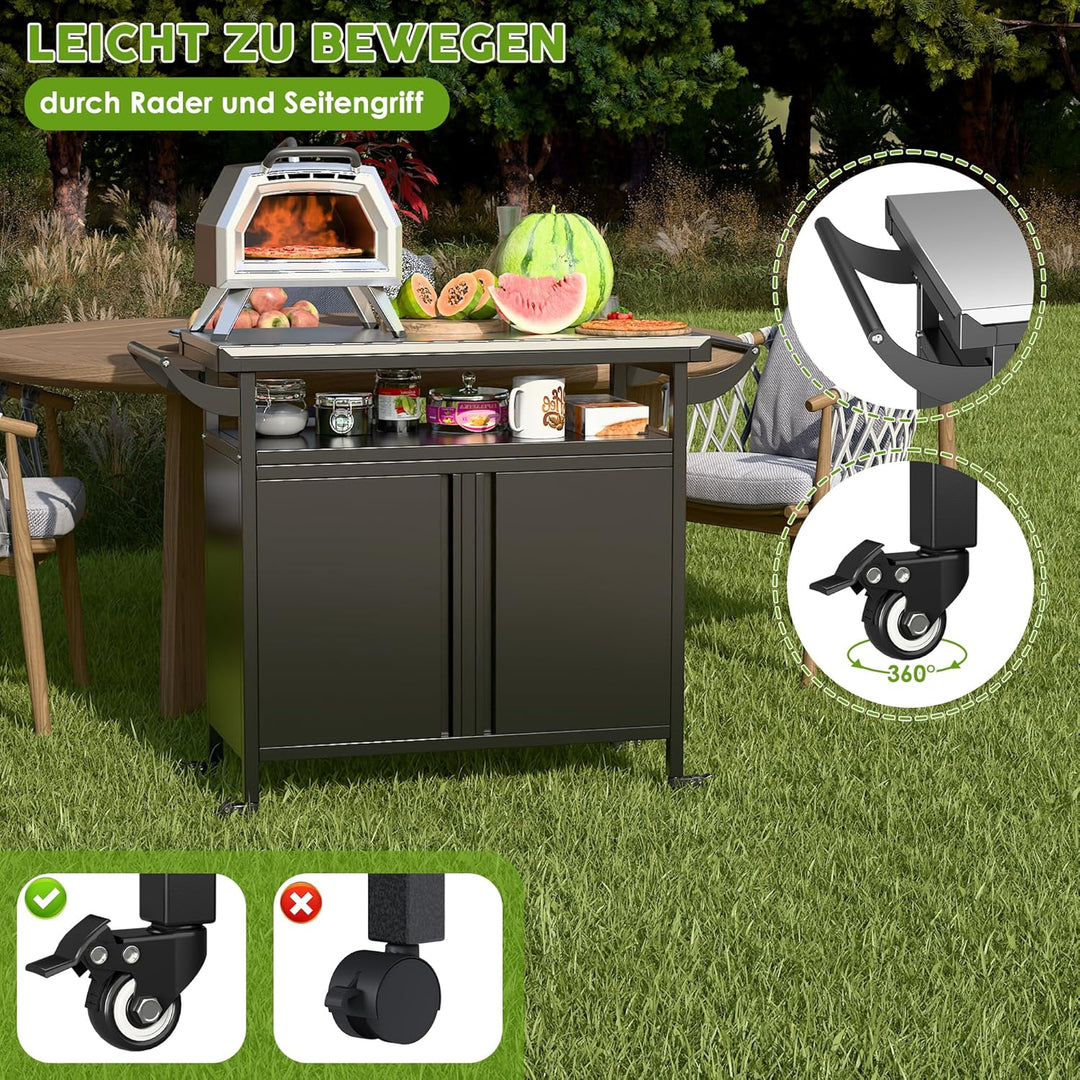 Grillwagen Grilltisch, Pizzatisch mit 4 Rollen,304 Tischplatte aus Edelstahl,Rollwagen zum Grillen,