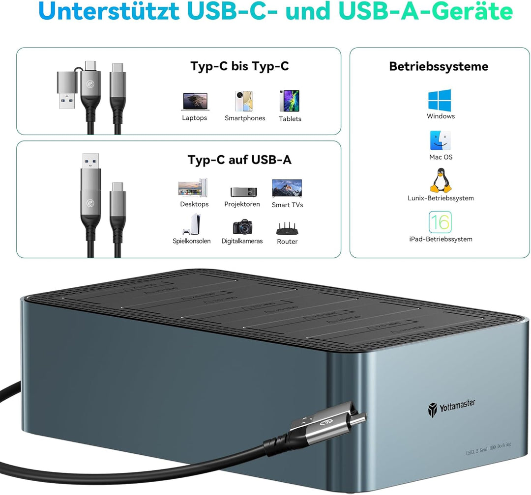 Yottamaster 5 Bay Offline-Klonen Festplatten Dockingstation Aluminium für 2,5/3,5 Zoll, USB 3.2 Gen1
