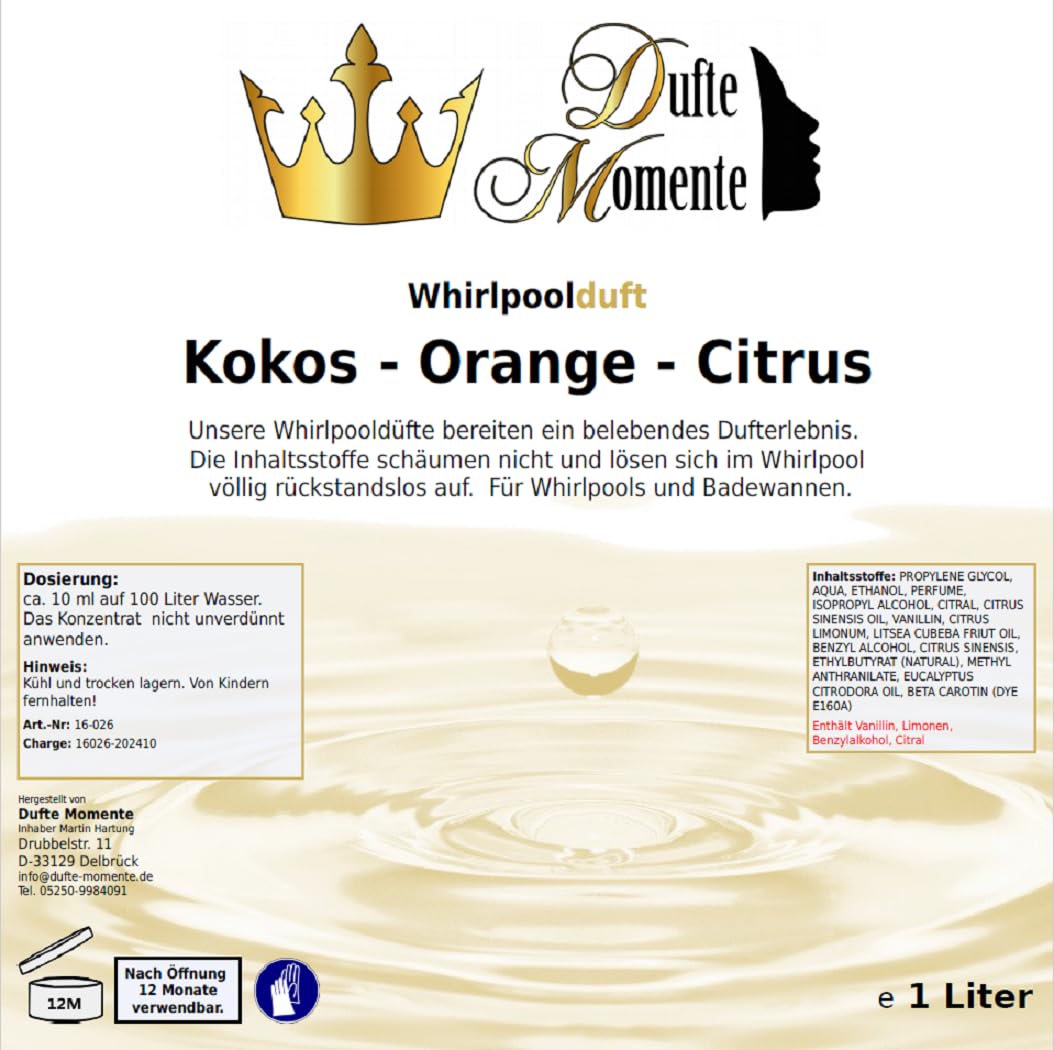 Dufte Momente | Whirlpool Duft 1 Liter | Kokos - Orange - Citrus | mit naturreinen und natürlichen ä