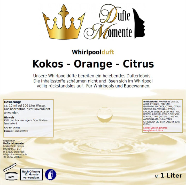 Dufte Momente | Whirlpool Duft 1 Liter | Kokos - Orange - Citrus | mit naturreinen und natürlichen ä