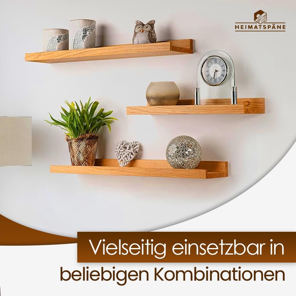Heimatspäne 2er-Set Bilderleiste Holz 40cm – Echtes Eichenholz, freischwebende Regalbretter inkl. Sc