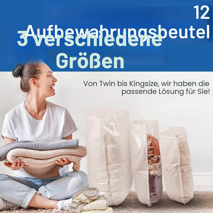 Vakuumbeutel für Kleidung mit Elektrischer Luftpumpe, 12 Stück (4 Gross, 4 Mittel, 4 Klein), Kann im