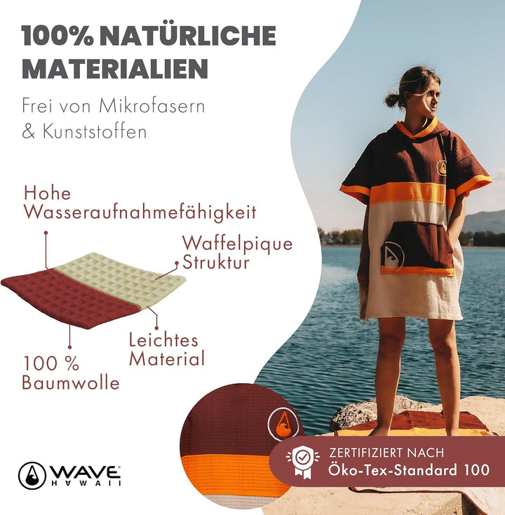 WAVE HAWAII Poncho Porlamar Badeponcho 100% Baumwolle für Körpergrössen von 155 - 185 cm Umkleidehil