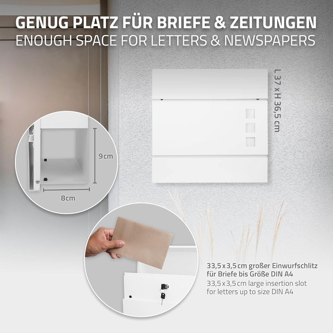 ECD Germany Briefkasten in Weiss mit Zeitungsfach, Schloss und 2 Schlüsseln, inkl. Montagematerial,