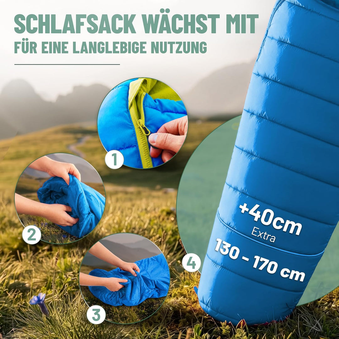 ALPENWERT® Kinderschlafsack Sommer – wächst mit! [130–170cm] – Nur 920g, Kompakt [32×19cm] – Perfekt