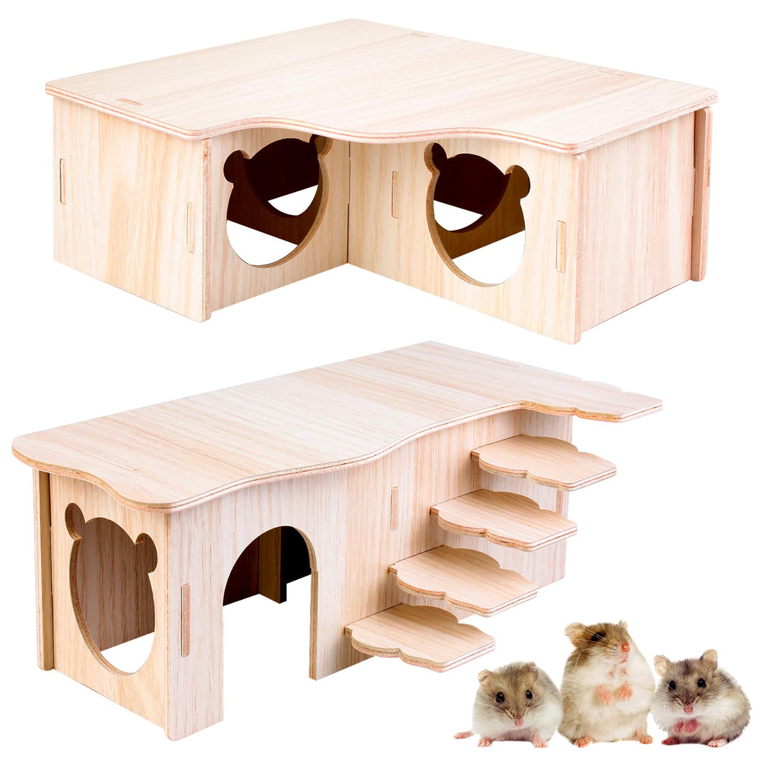 Vegena 2 Stück Hamster Haus, Hamster Haus aus Holz, Hamster Mehrkammernhaus, Hamster Eckhaus Holz Ha