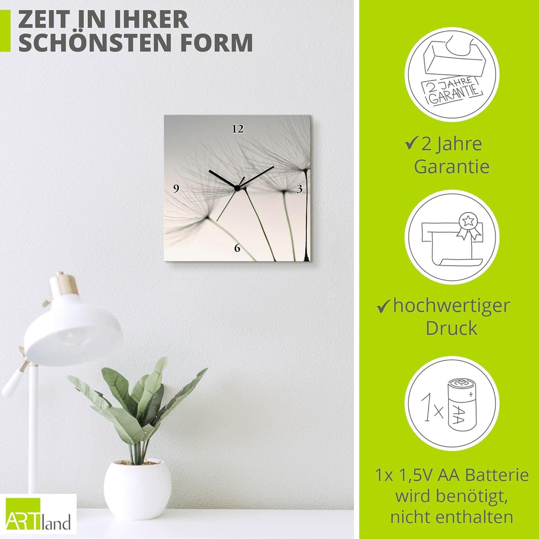 ARTLAND Wanduhr ohne Tickgeräusche Leinwand Quarzuhr 30x30 cm Quadratisch Lautlos Blumen Pusteblume