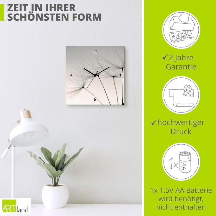 ARTLAND Wanduhr ohne Tickgeräusche Leinwand Quarzuhr 30x30 cm Quadratisch Lautlos Blumen Pusteblume