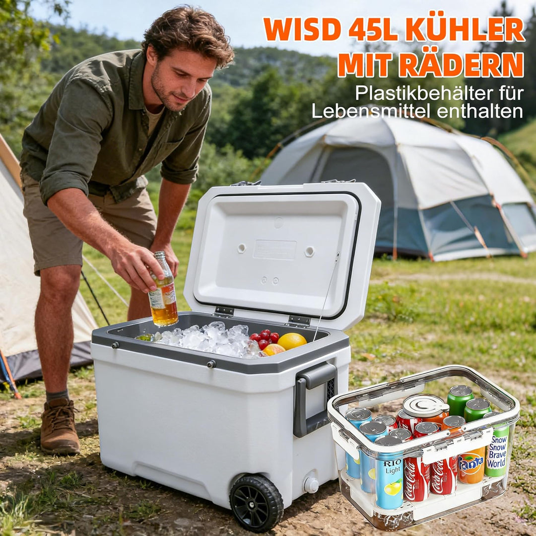 WISD 45L Kühlbox mit Rollen und Griff – Grosse Camping Kühlbox mit Metallverschlüssen & Ablaufstopfe