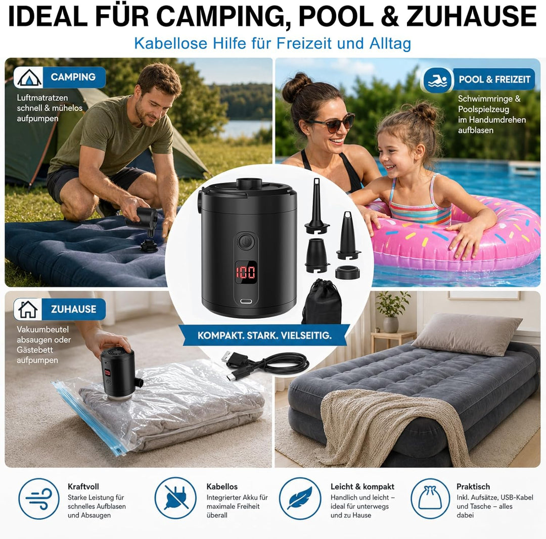 Akku Luftpumpe für Luftmatratze, Lytool 5200mAh Elektrische Mini Luftpumpe Akku mit digitaler Anzeig