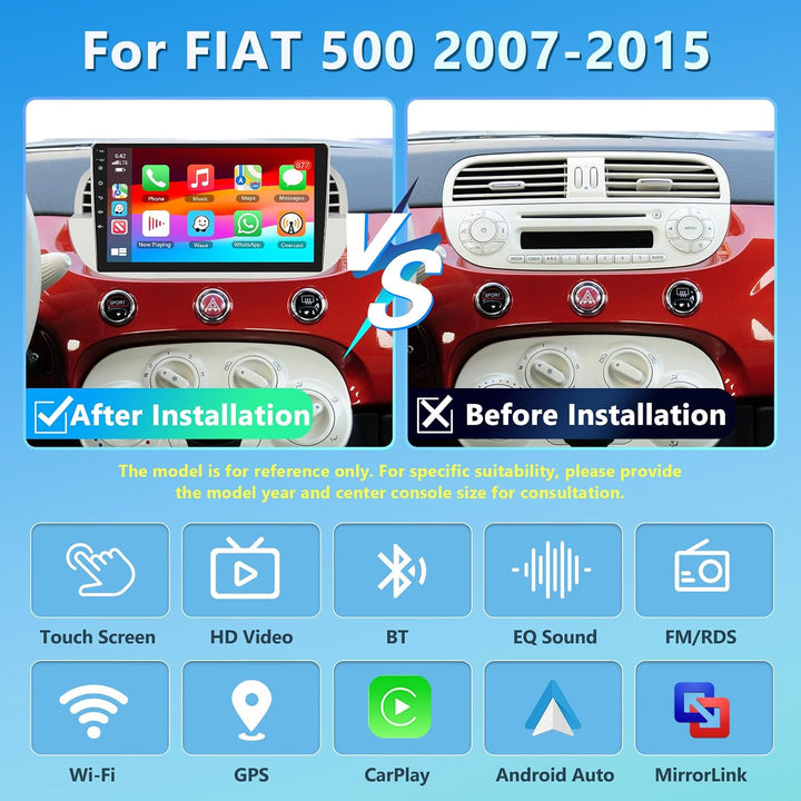 4GB+64GB Autoradio für FIAT 500 2007-2015 Radio mit Carplay, 9 Zoll Bildschirm Wireless Android Auto