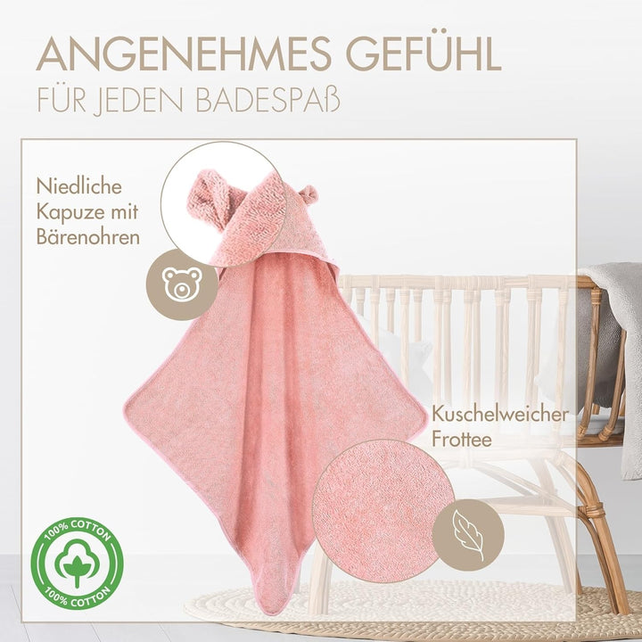 MOYO Kapuzenhandtuch mit Ohren in Rosé I 75x75cm I Kleinkind &amp; Baby Badeponcho aus 100% Frottee-Baum