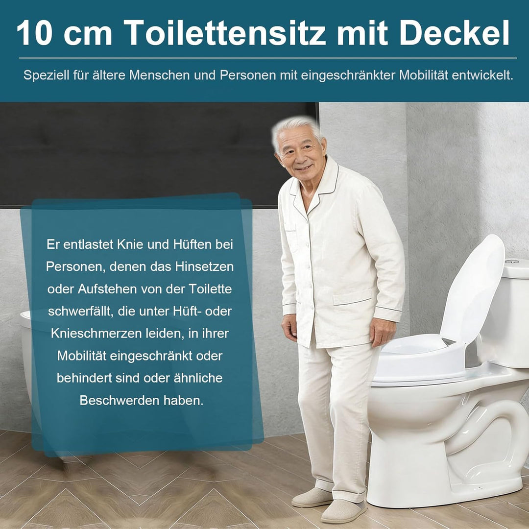 Toilettensitzerhöhung mit Deckel, 10cm Erhöhter Toilettensitz, Komfortabler Senioren Toilettenaufsat