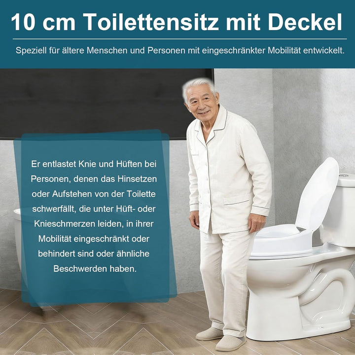 Toilettensitzerhöhung mit Deckel, 10cm Erhöhter Toilettensitz, Komfortabler Senioren Toilettenaufsat