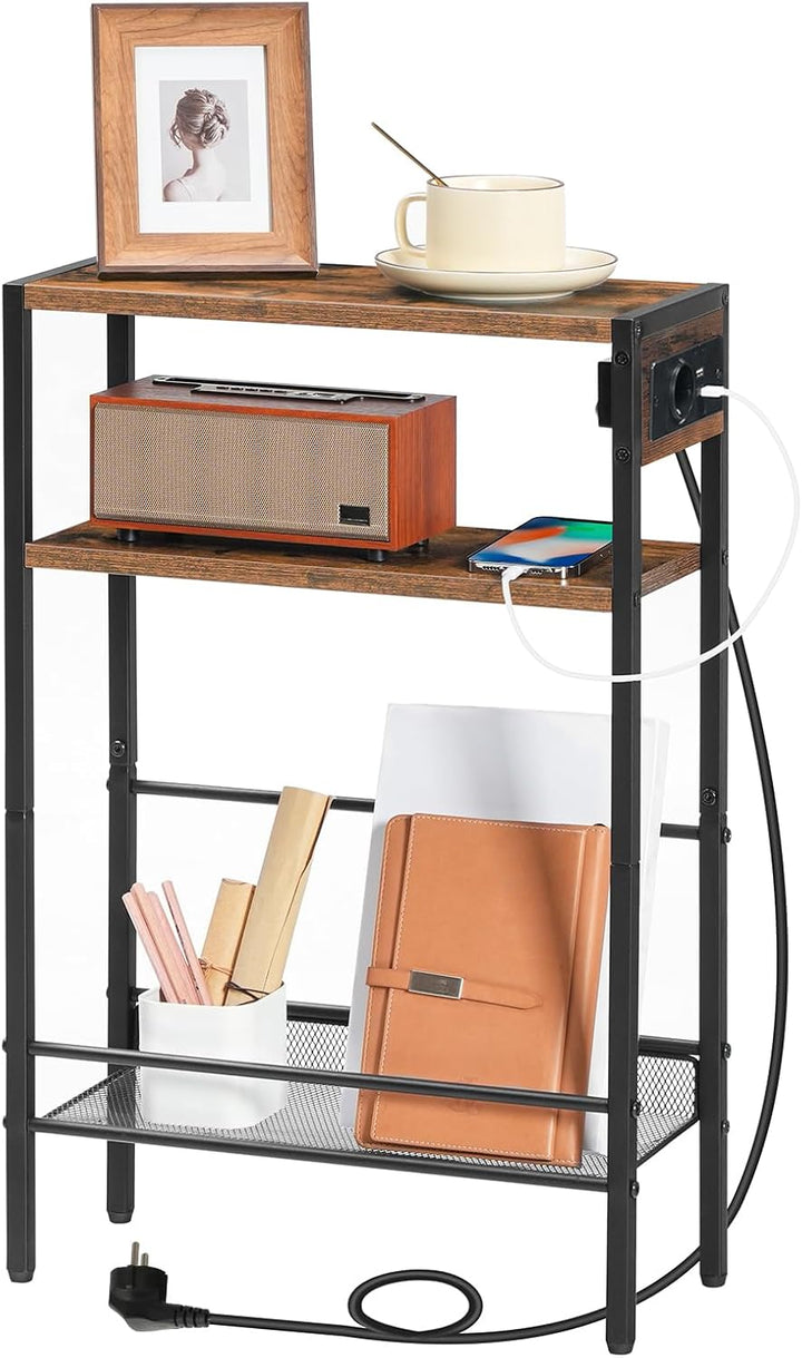 HOOBRO Beistelltisch mit Steckdosenleiste, 3-stufiger schmaler Nachttisch, 1 Standardsteckdose und 2