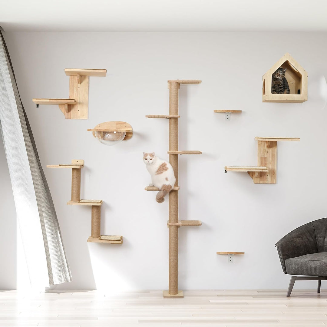 FUKUMARU Kletterwand Katze, Katze Wandregale aus Massives Gummiholz und Jute, 3 in 1 Transformable K
