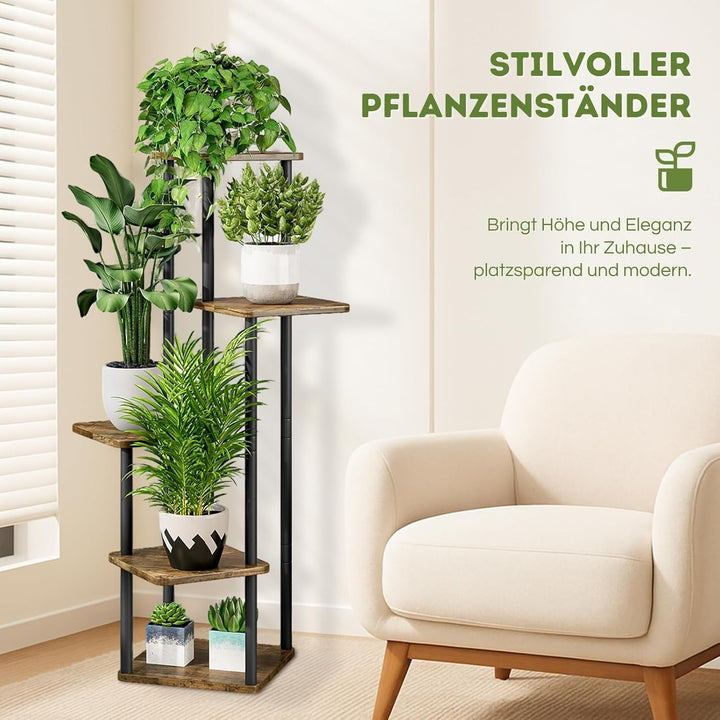 Allyson® Blumenständer mit 5 Ebenen – Pflanzenständer aus Metall & Holz, Pflanzenregal Modernes Rega