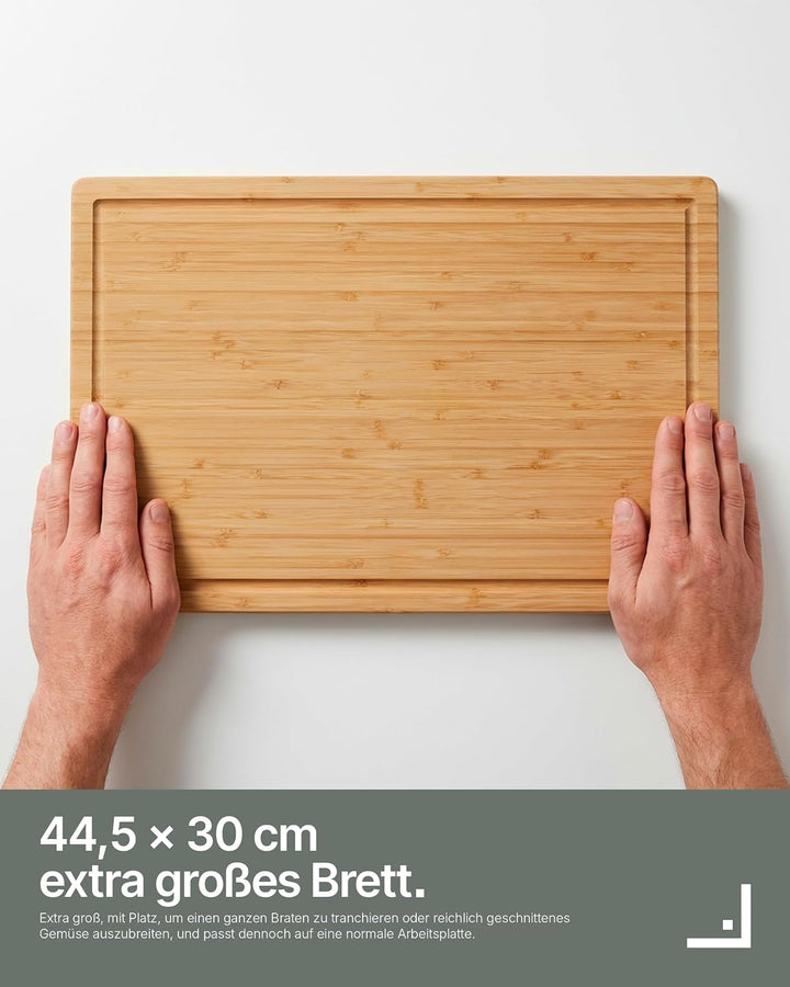 LARHN Bambus Schneidebrett Holz mit Griff & Saftrille - 44,5x30x2 cm | Massiv, vertikal verleimt, pl