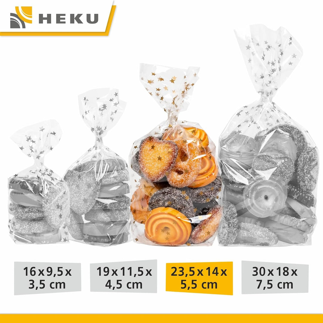 HEKU 1000er Packung Transparente Bodenbeutel mit goldenen Sternen 235x140x55mm I Stabiler Kreuzboden