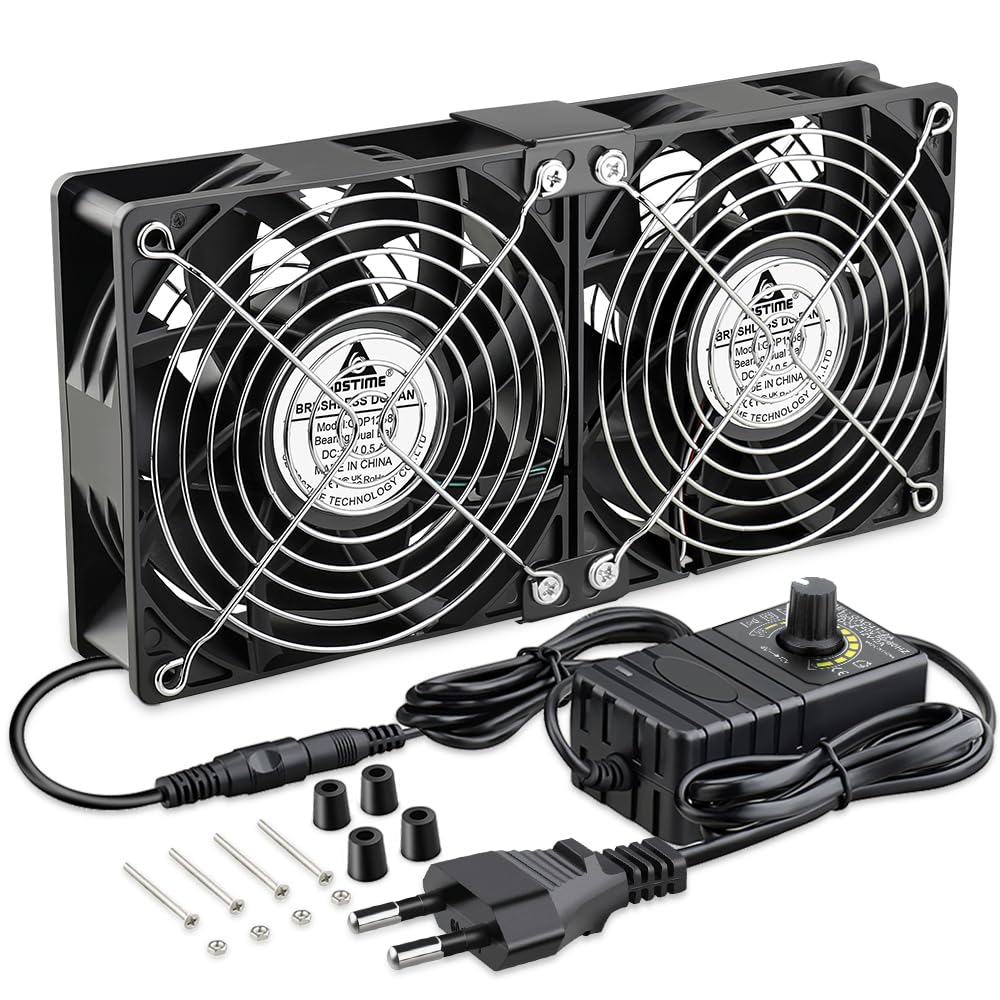 GDSTIME Grosser Luftstrom Dual 120mm Lüfter mit AC Stecker 220V 230V 240V 120 x 38mm Kühlung Lüfter