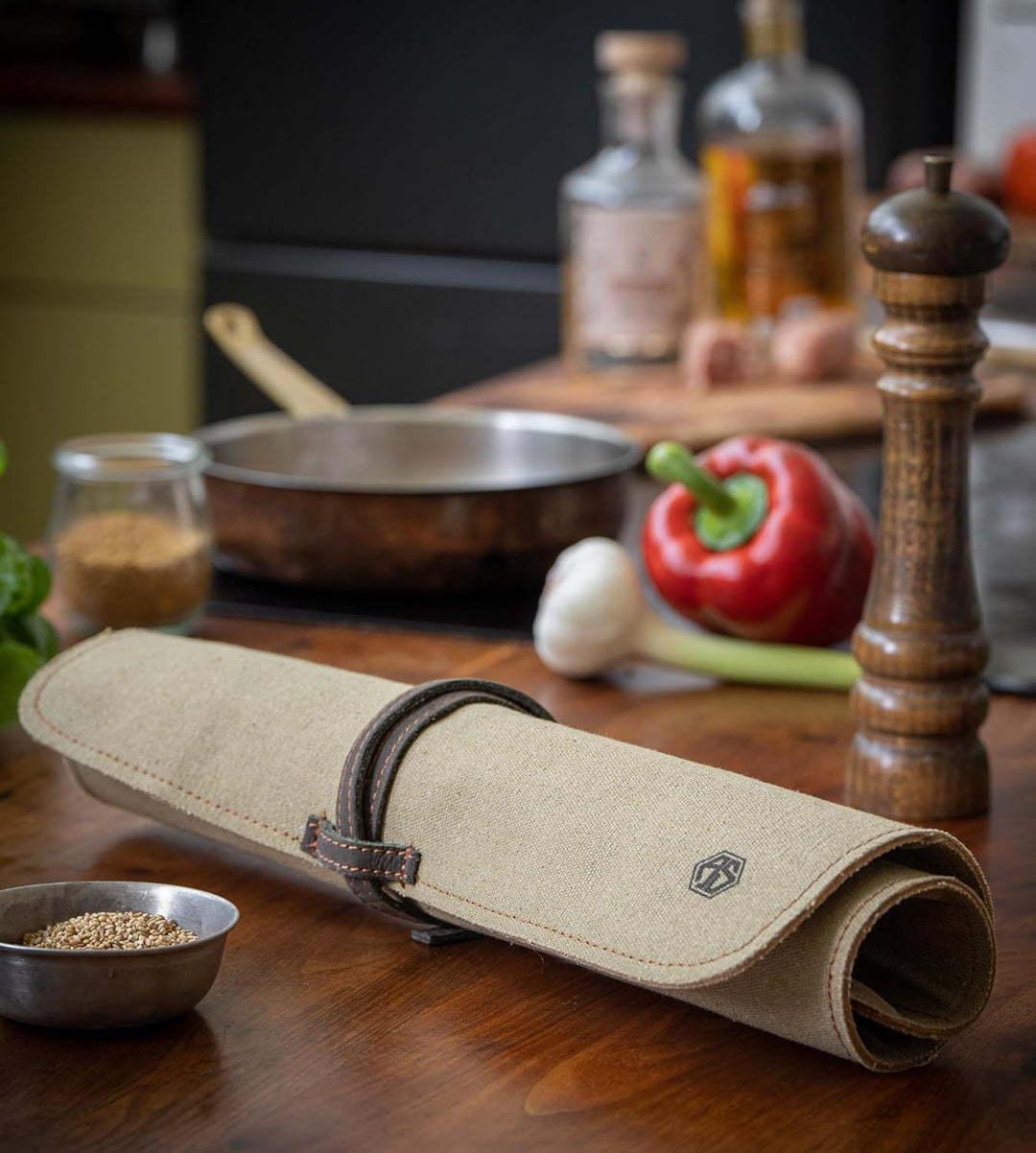 Angus Stoke Messertasche Kochmesser aus Canvas Tuch und Leder - Kochmesserrolle gross – Messer Tasch