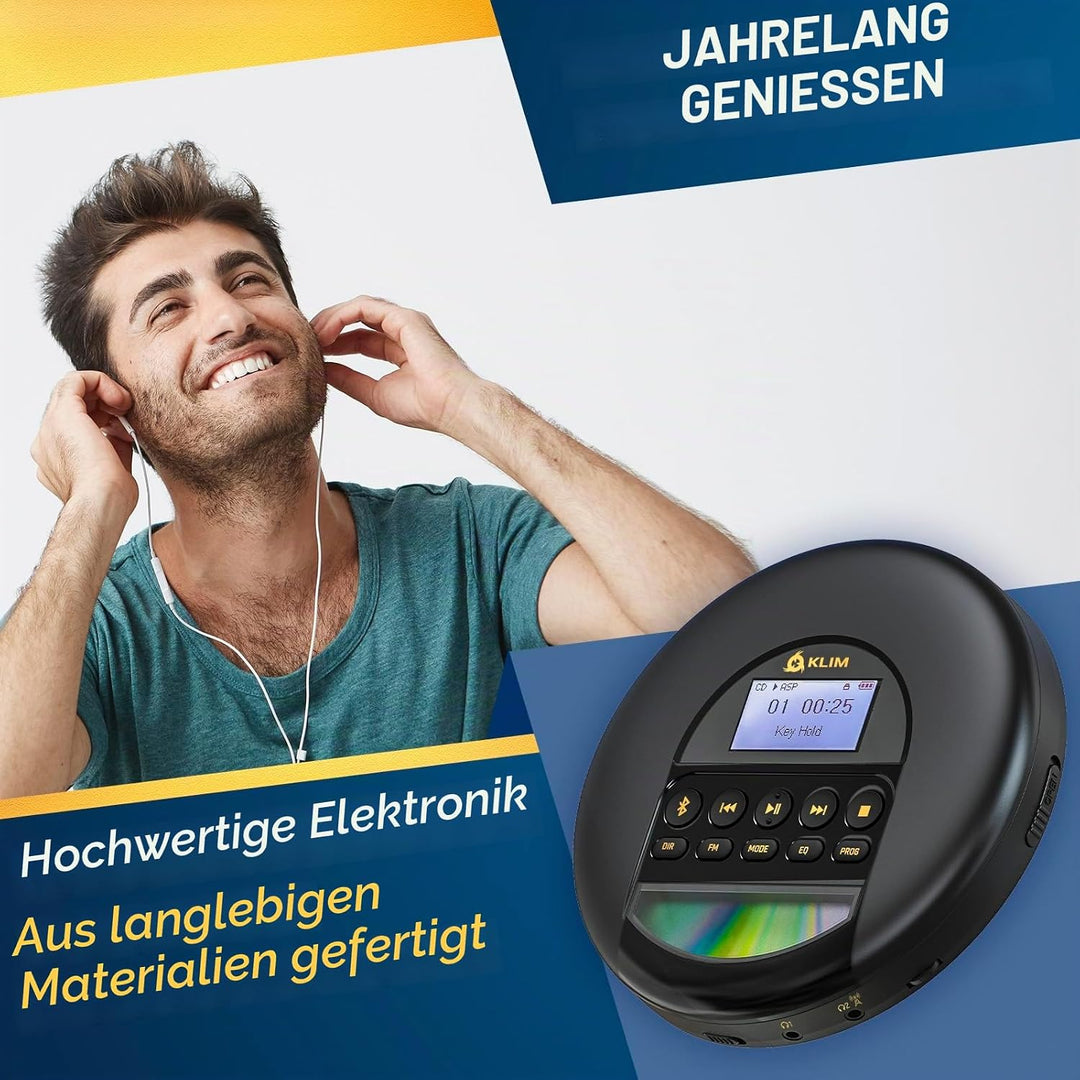 KLIM Nomad CD Player Bluetooth - Tragbarer CD-Player Discman mit langlebigem Akku - Inklusive Kopfhö