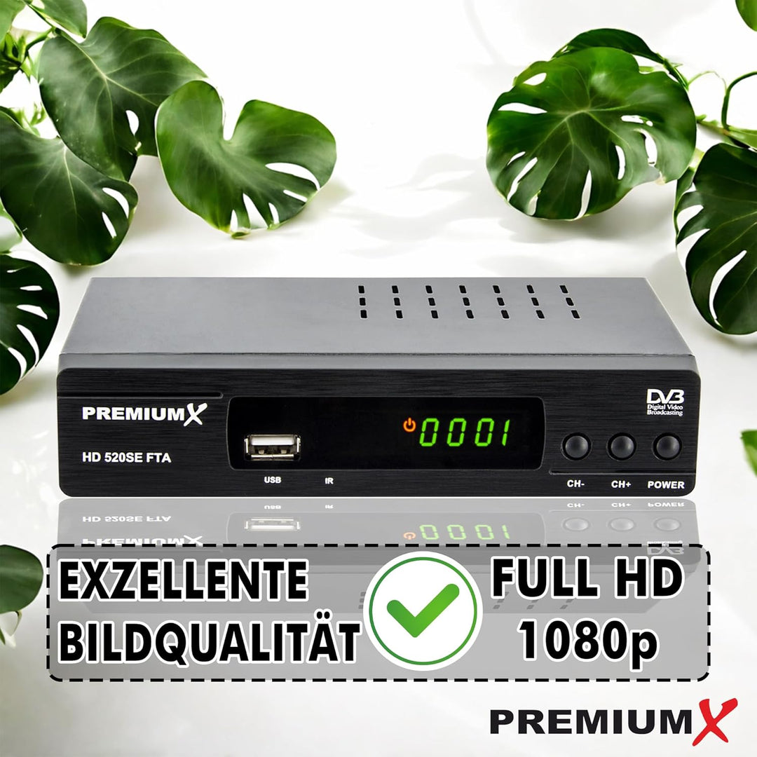 PremiumX Satelliten-Receiver HD 520SE FTA Digital SAT TV Receiver DVB-S2 FullHD HDMI SCART 2X USB Mu