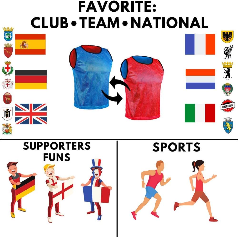 SPORTSBIBS 6X Fussball Leibchen für Kinder und Erwachsene - Set von 6 Stück - Wendeleibchen 2-Farbig