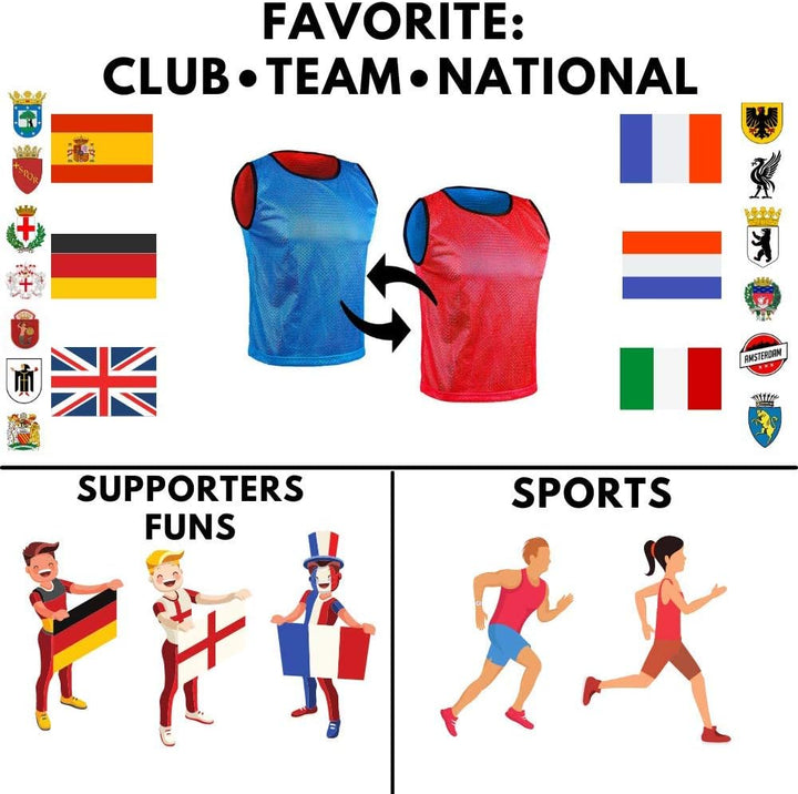 SPORTSBIBS 6X Fussball Leibchen für Kinder und Erwachsene - Set von 6 Stück - Wendeleibchen 2-Farbig