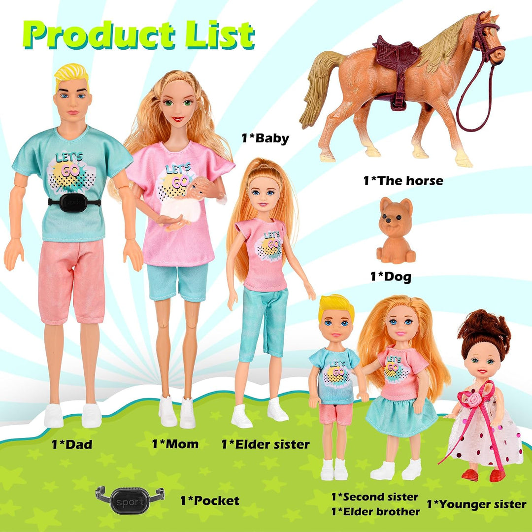 Familie Puppen Set von 7 Personen mit Welpen und Pferd Zubehör Inklusive 11.5 Zoll schwanger Mama, P