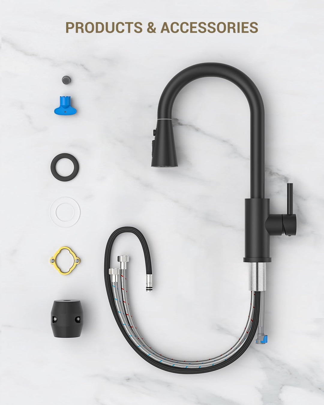 DAYONE Wasserhahn Küche Matt Schwarz, Hochdruck Küchenarmatur mit Brause Ausziehbar, Mischbatterie K