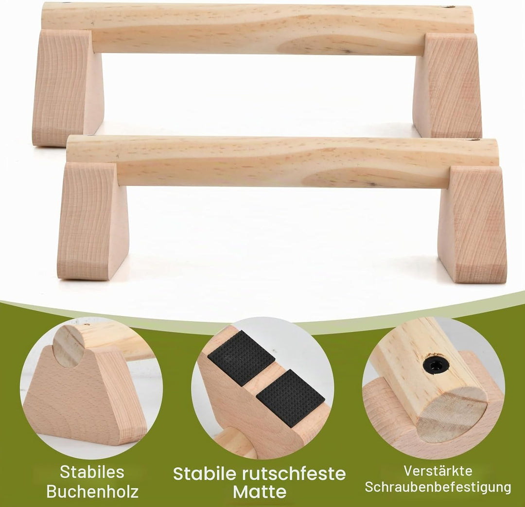 2 Pcs Liegestützgriffe, 25cm Handstand Griffe aus Holz mit Rutschfeste Gummipuffer, Parallettes Cali
