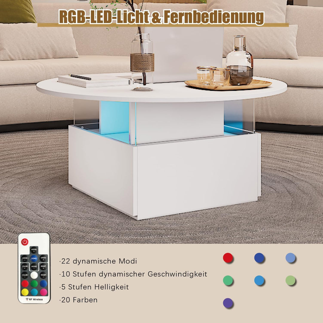 KEEPREAPER Couchtisch rund, Wohnzimmertisch mit 16-Farbiger LED Beleuchtung, für Wohnzimmer 80 x 80