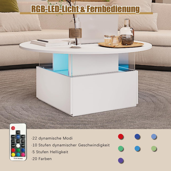 KEEPREAPER Couchtisch rund, Wohnzimmertisch mit 16-Farbiger LED Beleuchtung, für Wohnzimmer 80 x 80