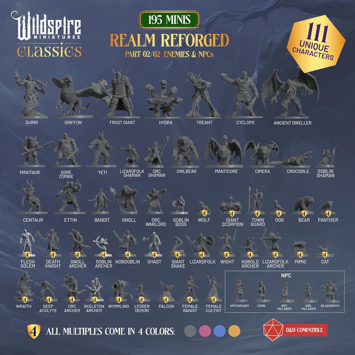 The Realm Set - 195 Minis - Heroes, Monsters, NPC Characters for DND Miniatures Bulk I 28mm Dungeon