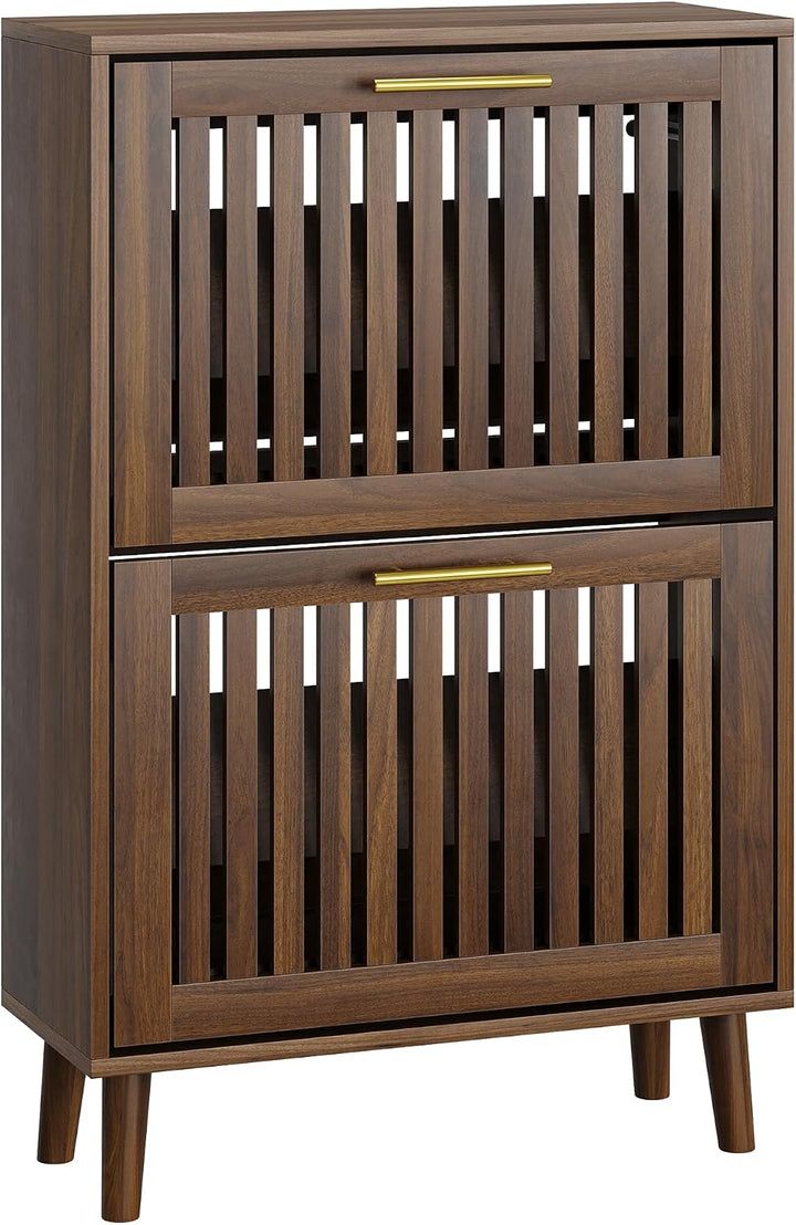 Schuhschrank Bauernhausstil, schmaler freistehender Schuh-Organizer mit 2 klappbaren Latten-Schublad