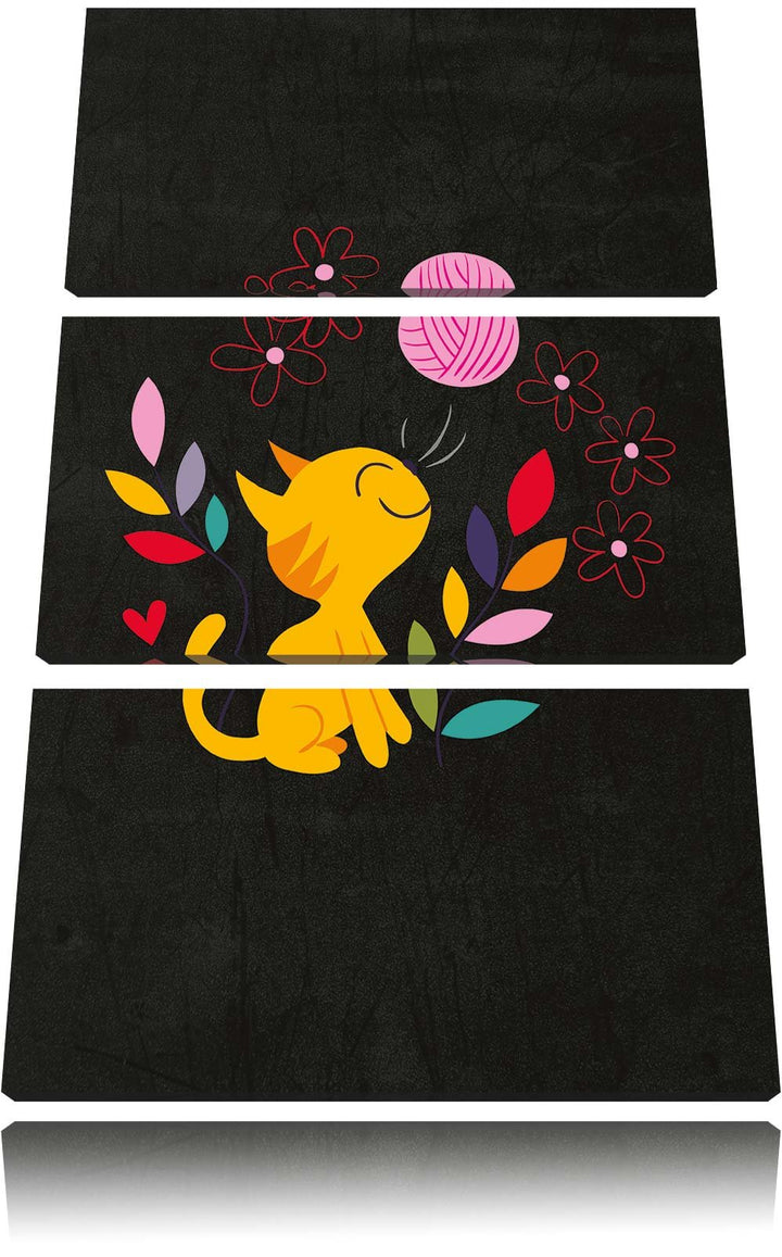 Pixxprint Niedliche Katze mit Wollknäuel als Leinwandbild/Grösse: 3 Teilig (120x80) cm/Wandbild/Kuns