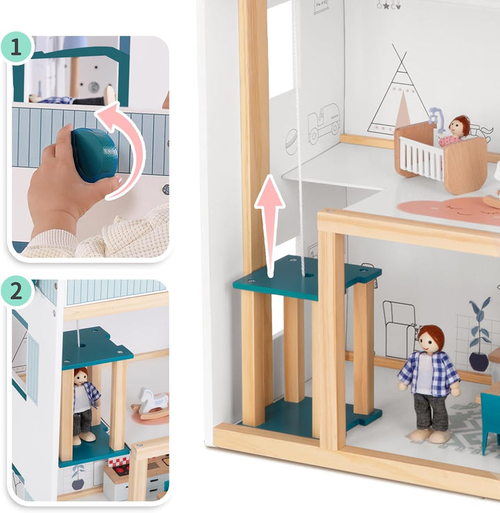 OOOK Puppenhaus Holz mit Hebbarer Aufzug, Puppenhaus Gross ab 3 Jahren Mädchen, Doll House for Girls