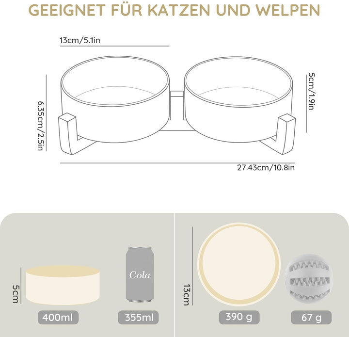 SPUNKYJUNKY Keramik Doppel Futternapf mit Bambus Ständer für Katzen und Hunde (400ml, Beige) Beige D