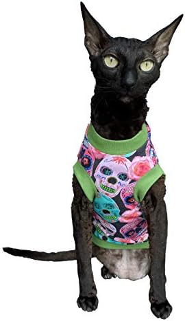 Kotomoda T-Shirt fьr Sphynx-Katzen, haarlos, Baumwolle, Stretch, mexikanische Schдdel, Grцяe S, S