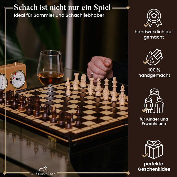 2in1 CAPABLANCA Schach und Dame Spiel | Master of Chess | Schachbrett Holz Hochwertig 40 cm | Reise