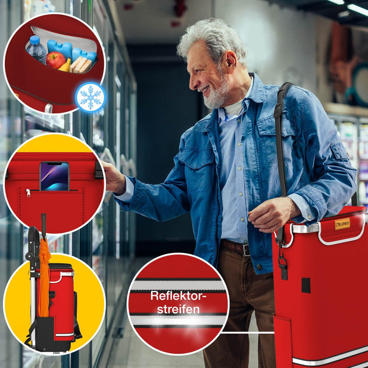 ELONEO Einkaufstrolley klappbar, Einkaufswagen mit Kühlfach, 3in1 Trolley, Sackkarre & Umhängetasche